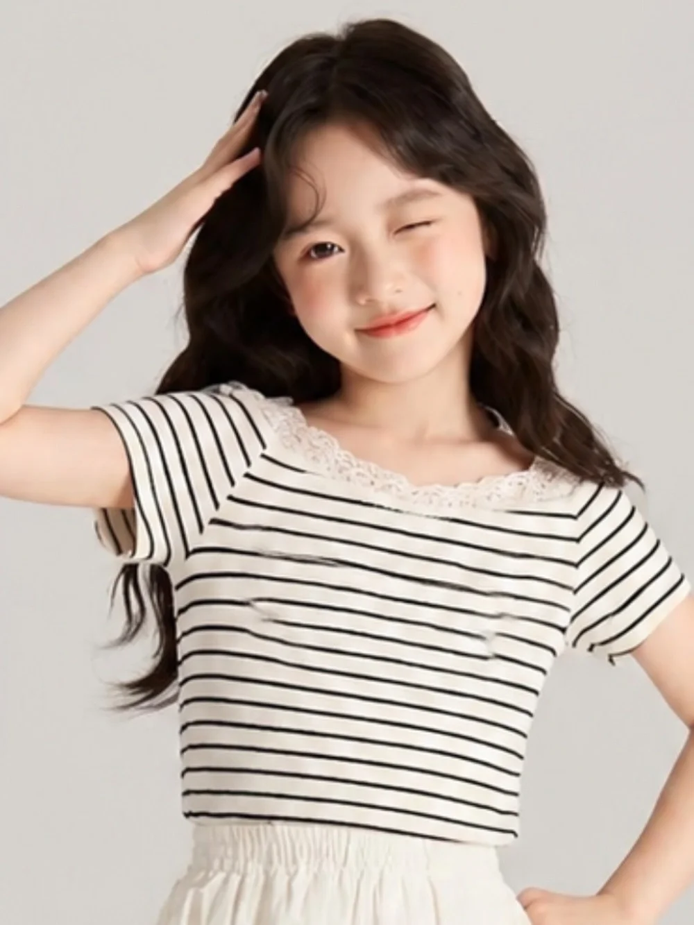 Art Class Girls Ivory Striped Lace Trim Short Sleeve Tee | Size XS | NWT